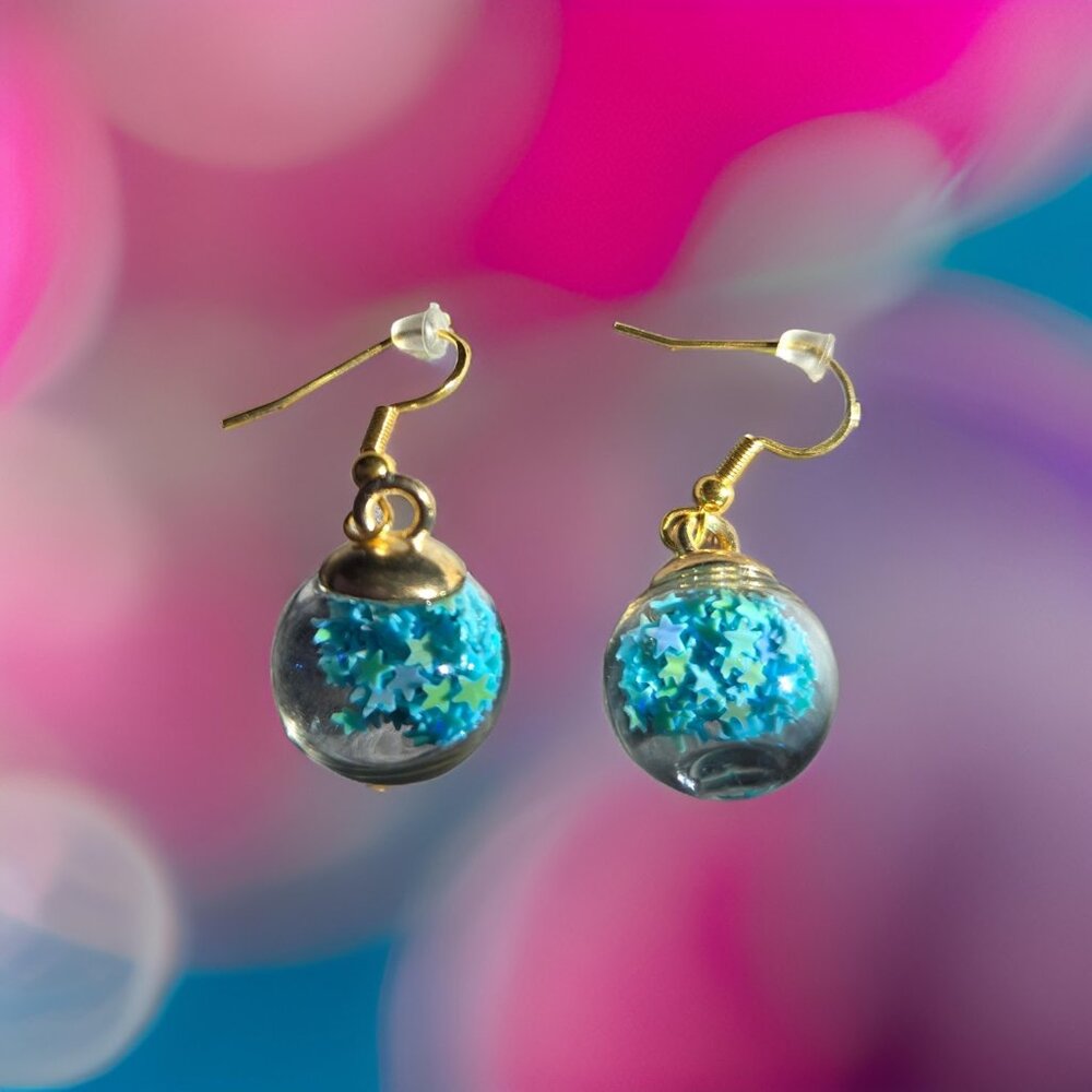 Globe glass w Blue Stars Earrings~ New!